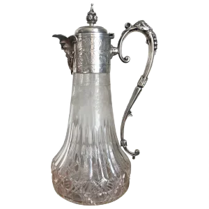 Antique Victorian Etched Glass and Silver Plated Claret Jug
