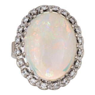 Vintage 14.50ct Natural Opal Diamond Ring 14k White Gold Large Oval Cocktail 5 size 5 For Sale