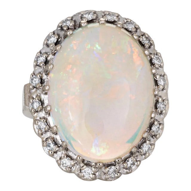Vintage 14.50ct Natural Opal Diamond Ring 14k White Gold Large Oval Cocktail 5 size 5 For Sale