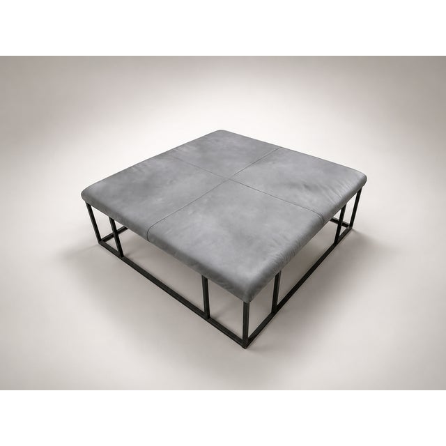 Gray Modern Leather Ottoman Coffee Table With Metal Frame, 45" Square For Sale - Image 8 of 8