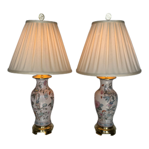 1970s Chinoiserie Porcelain Table Lamps With Hand-Painted Floral & Bird Motif - a Pair