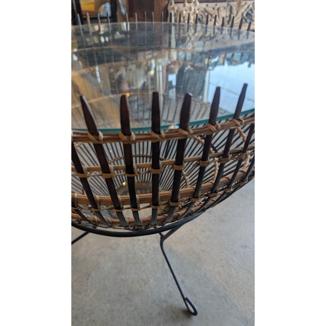 Wood 1960s Mid-Century Franco Albini Style Rattan, Iron & Glass Fish Trap Side Tables - A Pair For Sale - Image 7 of 14