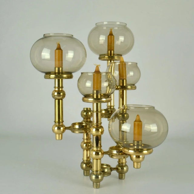 Scandinavian Modern Brass Candelabra with Glass Shades, 1960s For Sale - Image 3 of 11