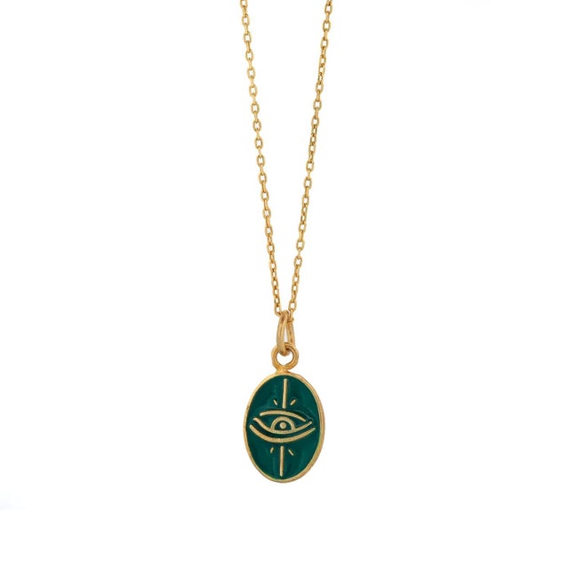 Gold Green Enamel Evil Eye Minimalist Gold Protective Necklace For Sale - Image 8 of 8