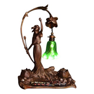 Art Nouveau French Figural Bronze Desk Lamp & Inkstand from Louis Cahuzac, 1920 For Sale