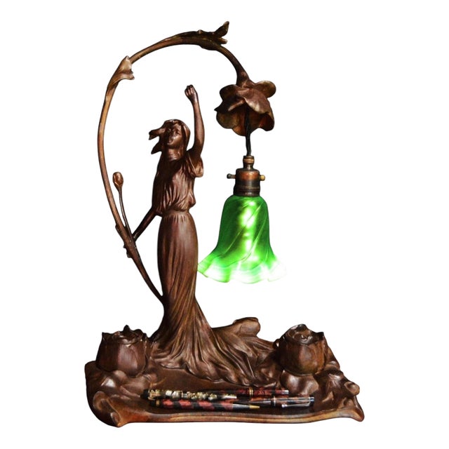 Art Nouveau French Figural Bronze Desk Lamp & Inkstand from Louis Cahuzac, 1920 For Sale