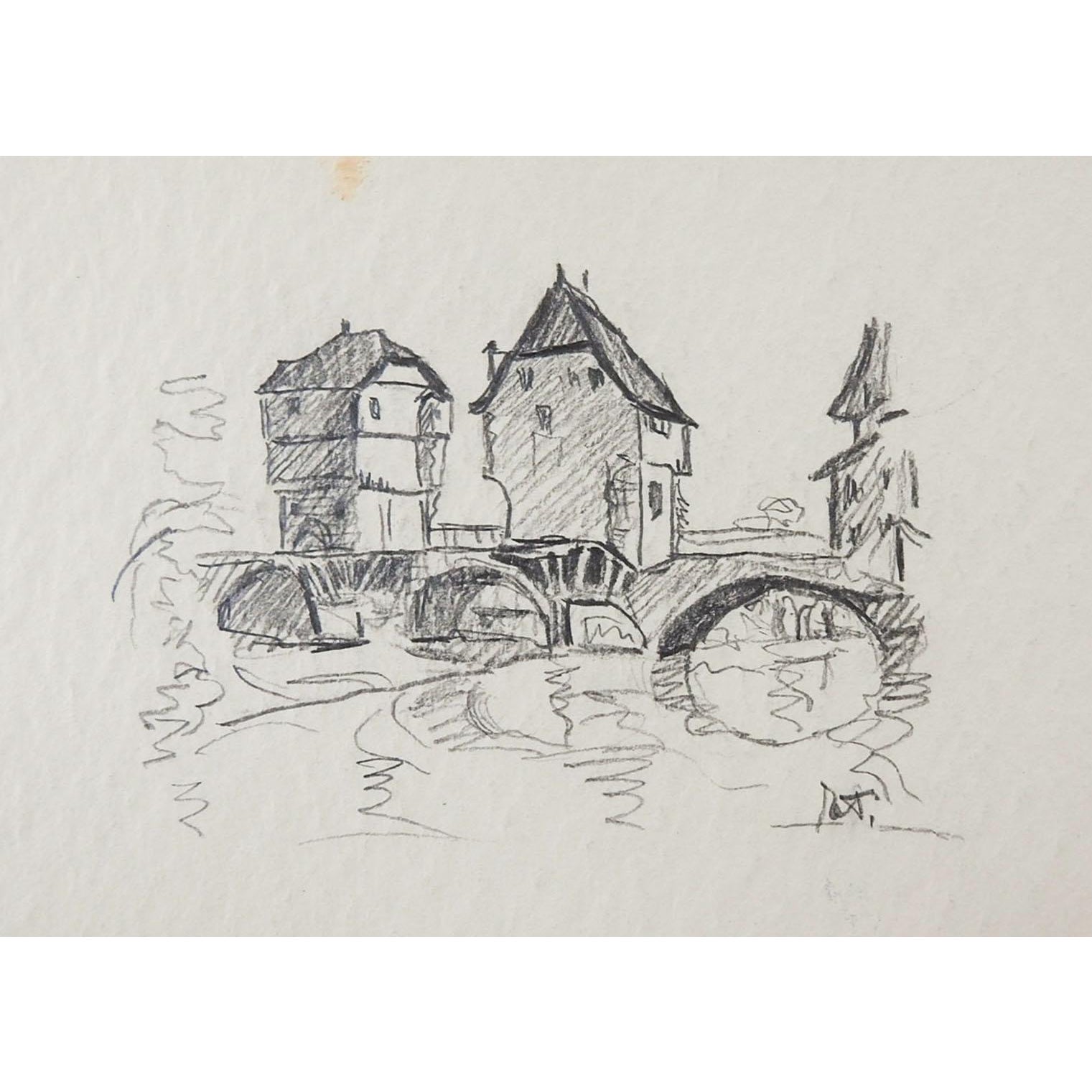 Small Vintage European Town Stone Bridge Pencil Drawing Chairish