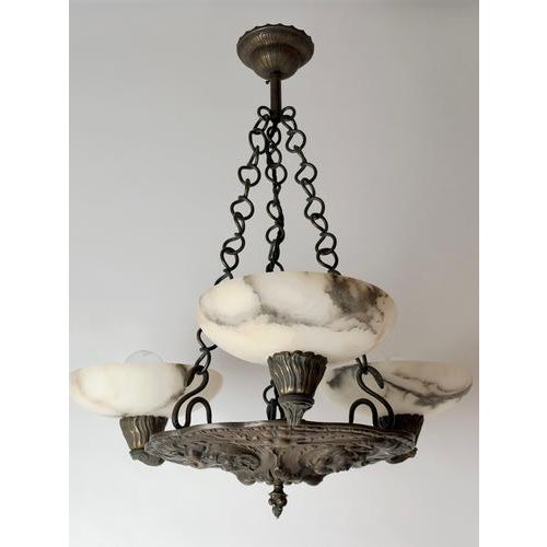 Antique Renaissance Revival Bronze and Alabaster Chandelier with Serpent Details, 1900 For Sale - Image 3 of 18