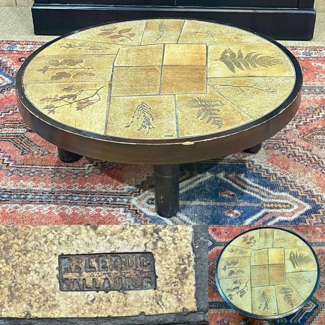 Beech coffee table and ceramic top with herbarium decoration signed Raymonde Leduc Vallauris, work from the 1960s -...