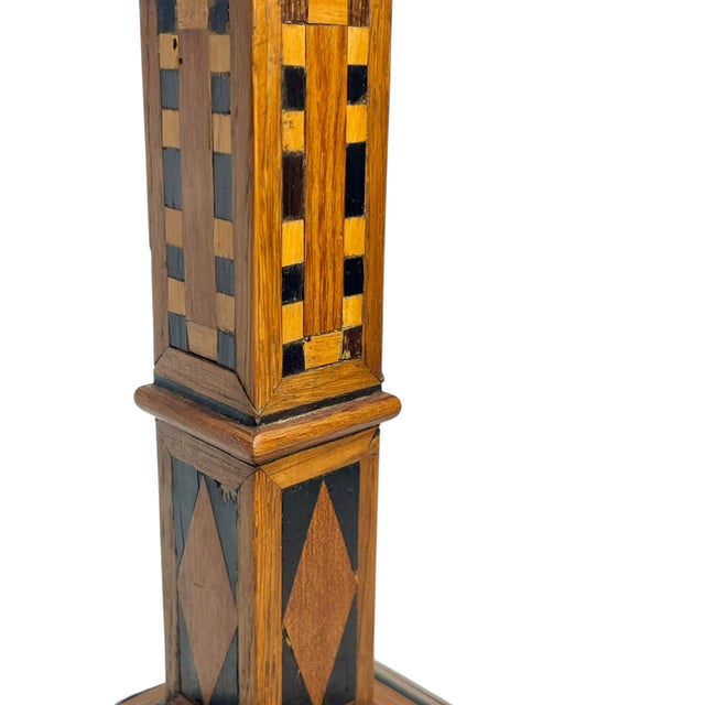Pair Antique Italian Marquetry Inlaid Wood Candlestick Holders With Octagonal Base For Sale - Image 12 of 18
