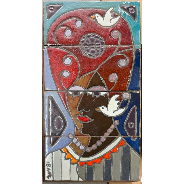 ​Interesting abstract expressionist tile plaque by Guillermo Wagner Granizo (American, 1923-1995). A colorful woman with a...