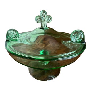Vintage Fostoria Glass Co. Vesper Green Footed Candy Jar & Cover, Also Known as a Covered Compote Bowl. For Sale