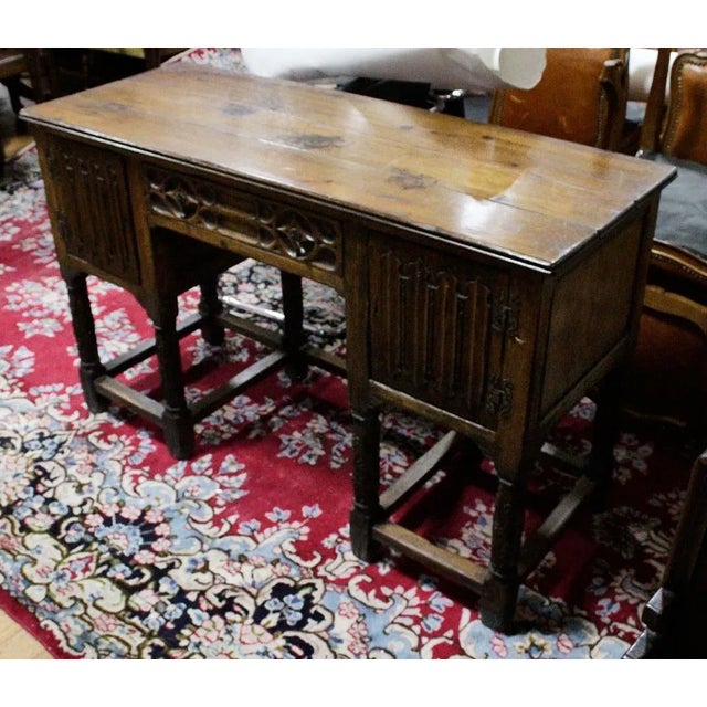 English Antique Carved Oak English Clerk's Desk Linen Fold Doors For Sale - Image 3 of 8