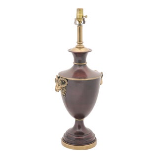 1980s Neoclassical Enameled Oxblood & Brass Rams Head Lamps, Attr. Chapman For Sale