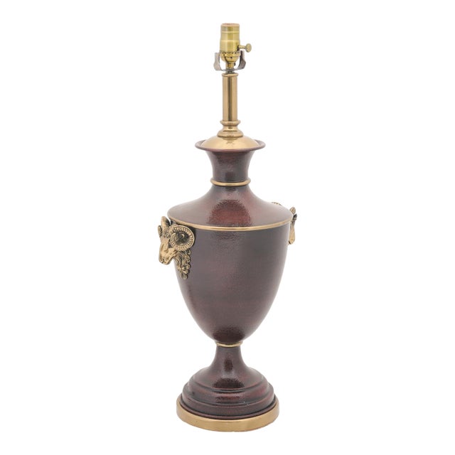 1980s Neoclassical Enameled Oxblood & Brass Rams Head Lamps, Attr. Chapman For Sale