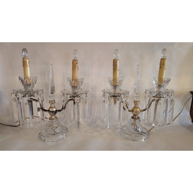 Lovely rare Art Deco Girandole pair! Two lights each, with center crystal spires, bobeches with colonial crystals and...