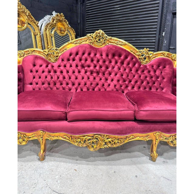 1980s Baroque Style Ruby Red Sofa – French Design With Gold Leaf Details For Sale - Image 12 of 12