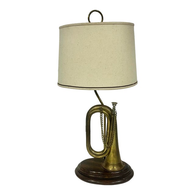 Mid-Century Modern Vintage Brass Bugle Horn Lamp on Wooden Base For Sale