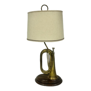 Mid-Century Modern Vintage Brass Bugle Horn Lamp on Wooden Base