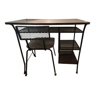 1960s Mid-Century Arthur Umanoff Desk W/Lamp, 4 Wrought Iron Shelves, Matching Chair - Set of 2 For Sale
