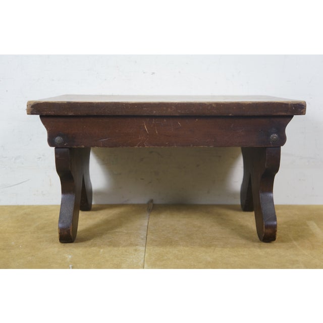 Antique Primitive Early American Oak Footstool Step Stool Rest Ottoman 16" For Sale - Image 4 of 14