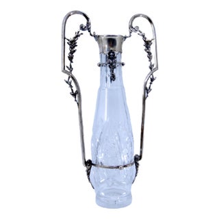 Cut Glass Jug with Silver Structure, Neck and Handles with Floral Motifs For Sale