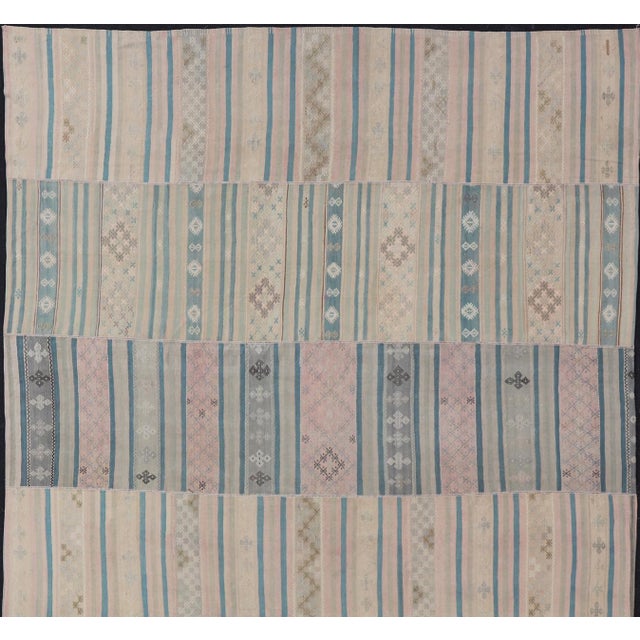 Large Vintage Paneled Kilim Flat-Weave in Blue, Pink, Taupe, Gray, Light Brown For Sale - Image 4 of 13