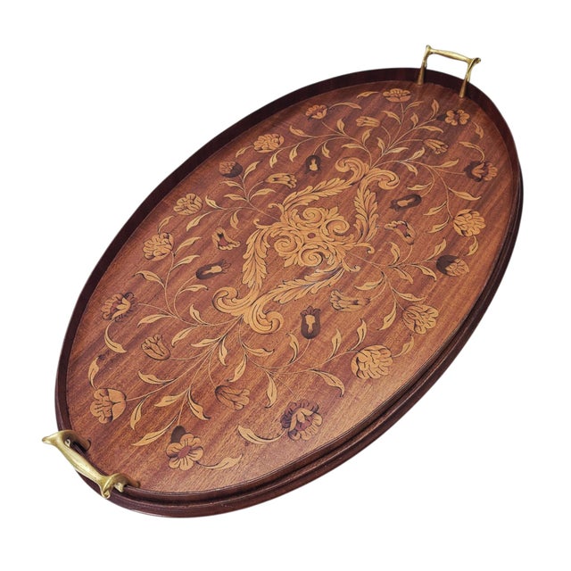 1900 - 1909 Monumental English Butler's Gallery Tray Edwardian Ornate Inlay Mahogany 27" For Sale - Image 5 of 14