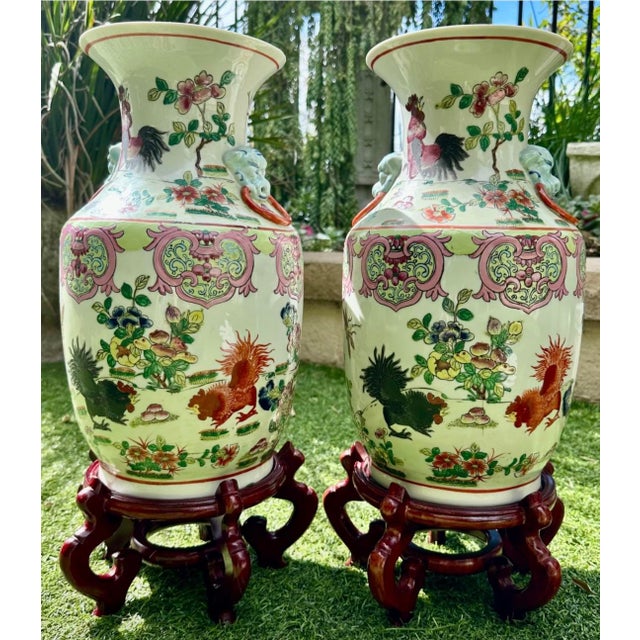 Rare Pair of 19th Century Chinese Export Famille Rose Porcelain Vases with Roosters, Flowers & Insects – Matching Set on...