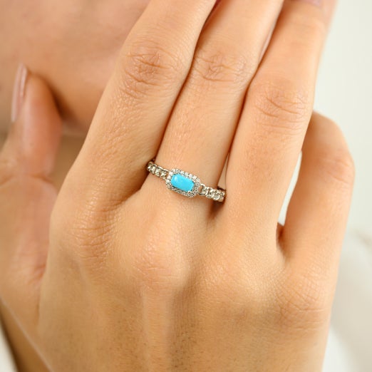 14k Gold Turquoise Halo Diamond Baguette Engagement Ring Size 5.5 For Sale - Image 4 of 10