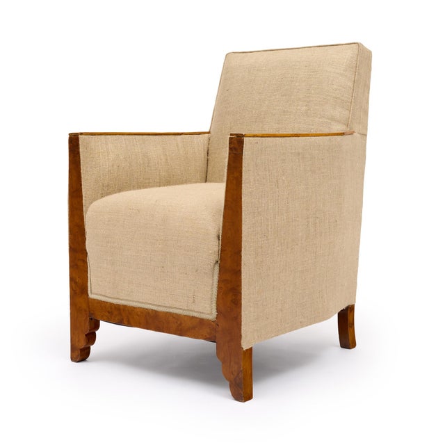 French, Art Deco Period Burled Ash Bergères, Burlap Upholstery For Sale - Image 4 of 9
