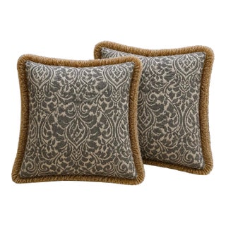Pair of Ethan Allen Luxury Gray & Ivory Damask Upholstery Weight Decorative Pillows With Fringe For Sale