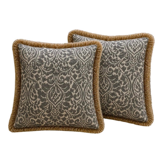 Pair of Ethan Allen Luxury Gray & Ivory Damask Upholstery Weight Decorative Pillows With Fringe For Sale