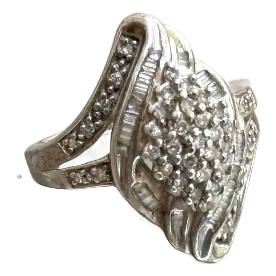 Sterling Silver Art Deco Dinner Ring W/ Pave' Diamonds | Chairish