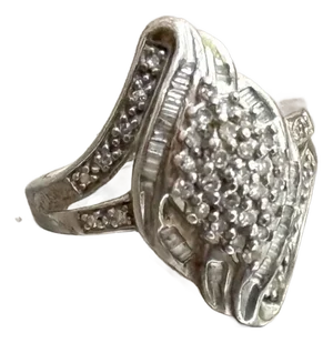 Sterling Silver Art Deco Dinner Ring W/ Pave' Diamonds