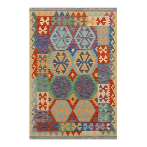 Caucasian Kilim Rust Gold Wool Rug - 3'3" X 4'10"