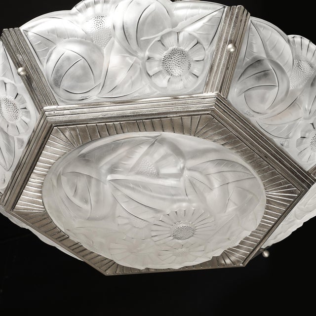 Pair of Art Deco Hexagonal Frosted Glass & Nickeled Bronze Chandeliers by Degue For Sale - Image 11 of 18
