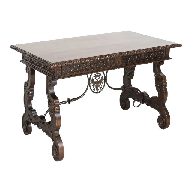 19th Century Spanish Baroque Style Walnut Lyre Leg Writing Table or Side Table For Sale