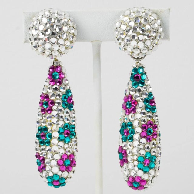 Contemporary Richard Kerr Floral Jeweled Clip Earrings in Turquoise and Fuchsia Crystal For Sale - Image 3 of 8