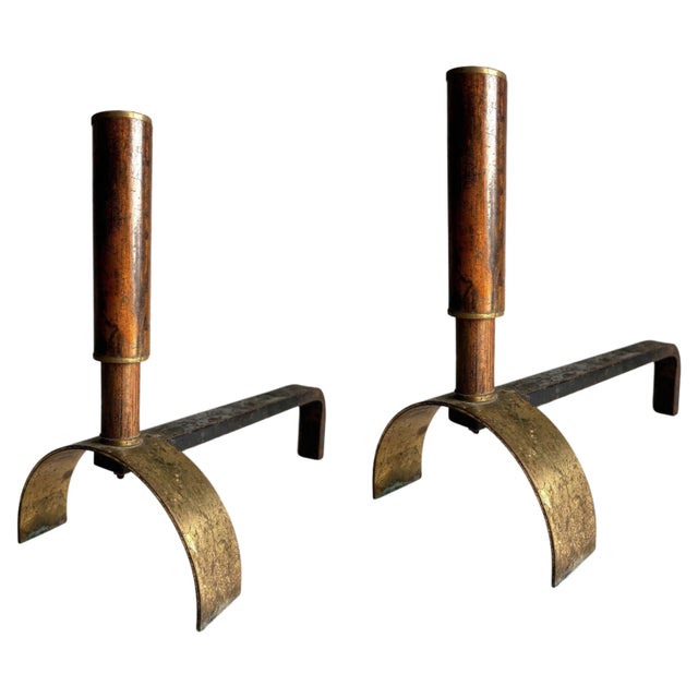 Mid-Century Brass and Metal Andirons, 1950s, Set of 2 For Sale