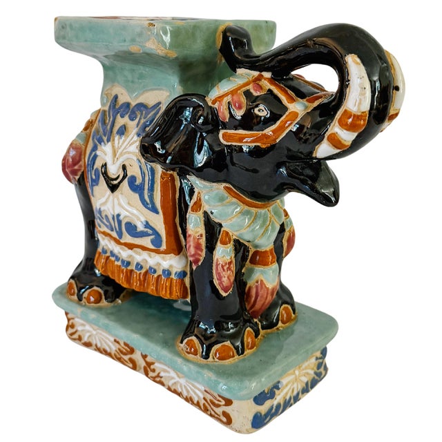 Vintage Chinoiserie Celadon & Black Ceramic Elephant Glazed Plant Stands / Bookends - A Pair For Sale - Image 10 of 13