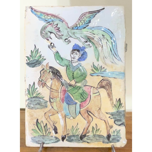 Exquisite Vintage Persian Qajar Style Ceramic Tile: Prince on Horseback For Sale - Image 4 of 16
