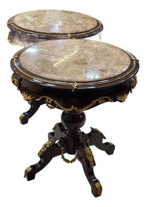 French Louis XVI Round Marble Top Side Table With Hand-Carved Wood Frame & Gold Leaf Accents
