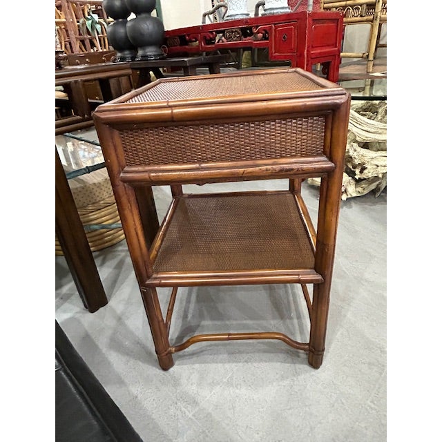 Wood Late 20th Century British Colonial Style Cane Rattan Side Table Nightstand For Sale - Image 7 of 10