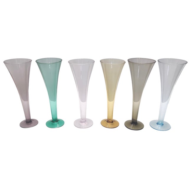 Vintage Colored Hand-Blown Murano Glass Flutes, Italy, 1950s, Set of 6 For Sale