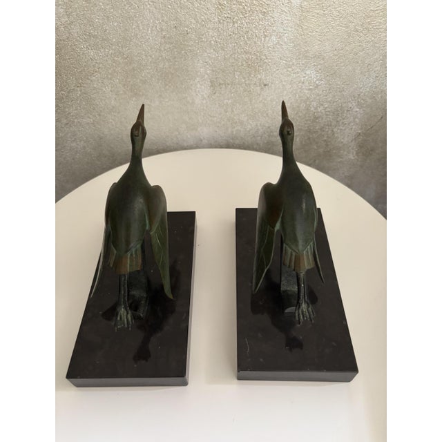 Art Deco Bronze Crane Bookends with Marble Bases by H. Garreau Auxerre Label, France, 1930s, Set of 2 For Sale - Image 6 of 11