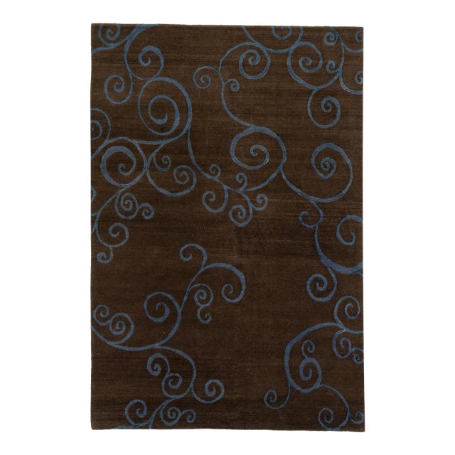 2010s Brown Modern Shakti Wool & Silk Tibetan Rug With Scroll Design For Sale