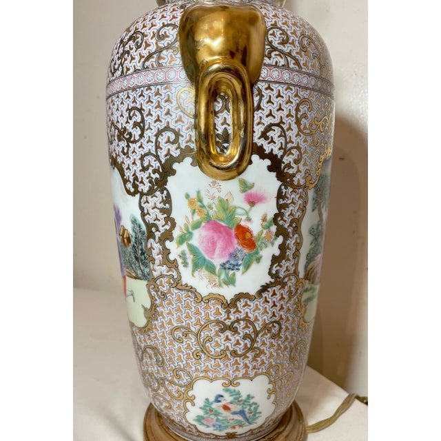 Antique Hand Painted Ornate Figural Porcelain Chinese Brass Electric Vase Lamp For Sale - Image 11 of 14