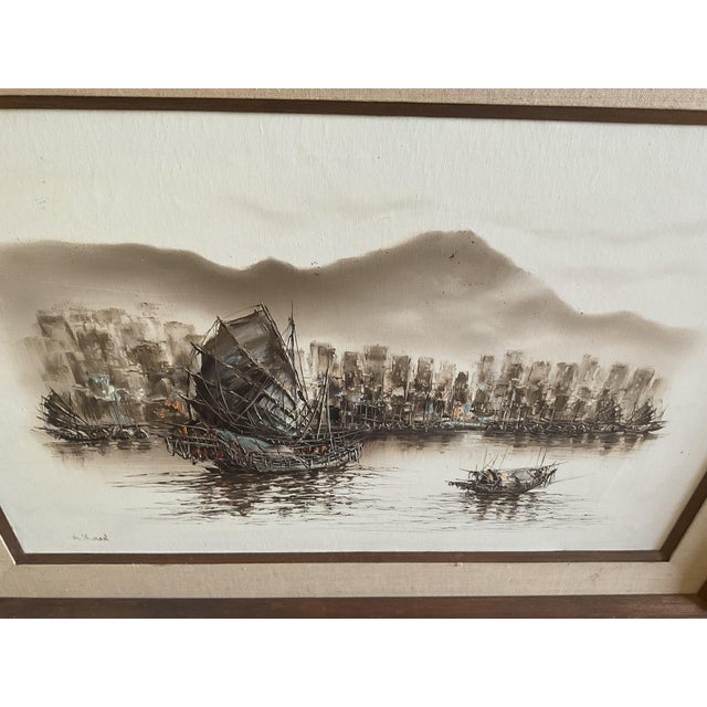 Black Framed Asian Harbor Scene Ink Wash Drawing Fishing Boats Landscape For Sale - Image 8 of 11