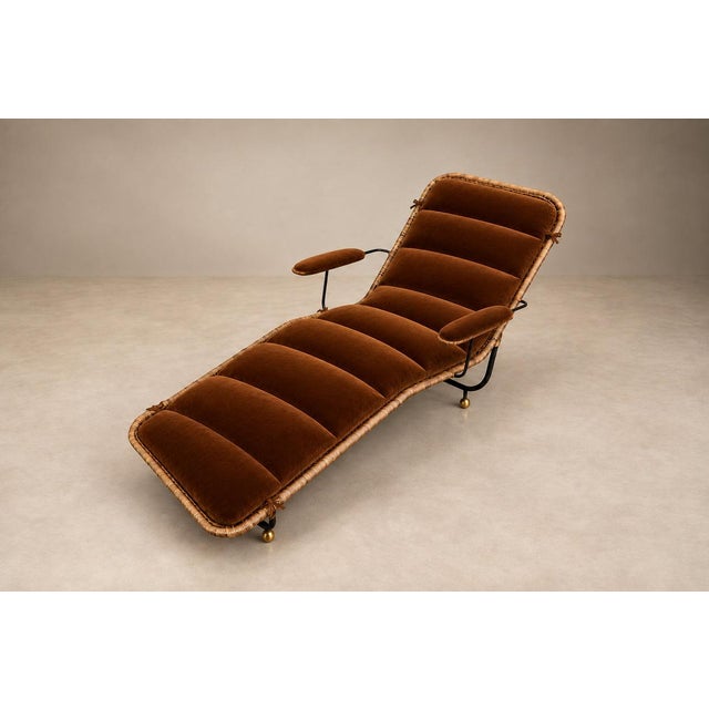 Brazilian Modern Sculptural Chaise in Wicker, Mohair, Steel and Brass, Att. Carlo Hauner, Brazil, 1950s For Sale - Image 12 of 18